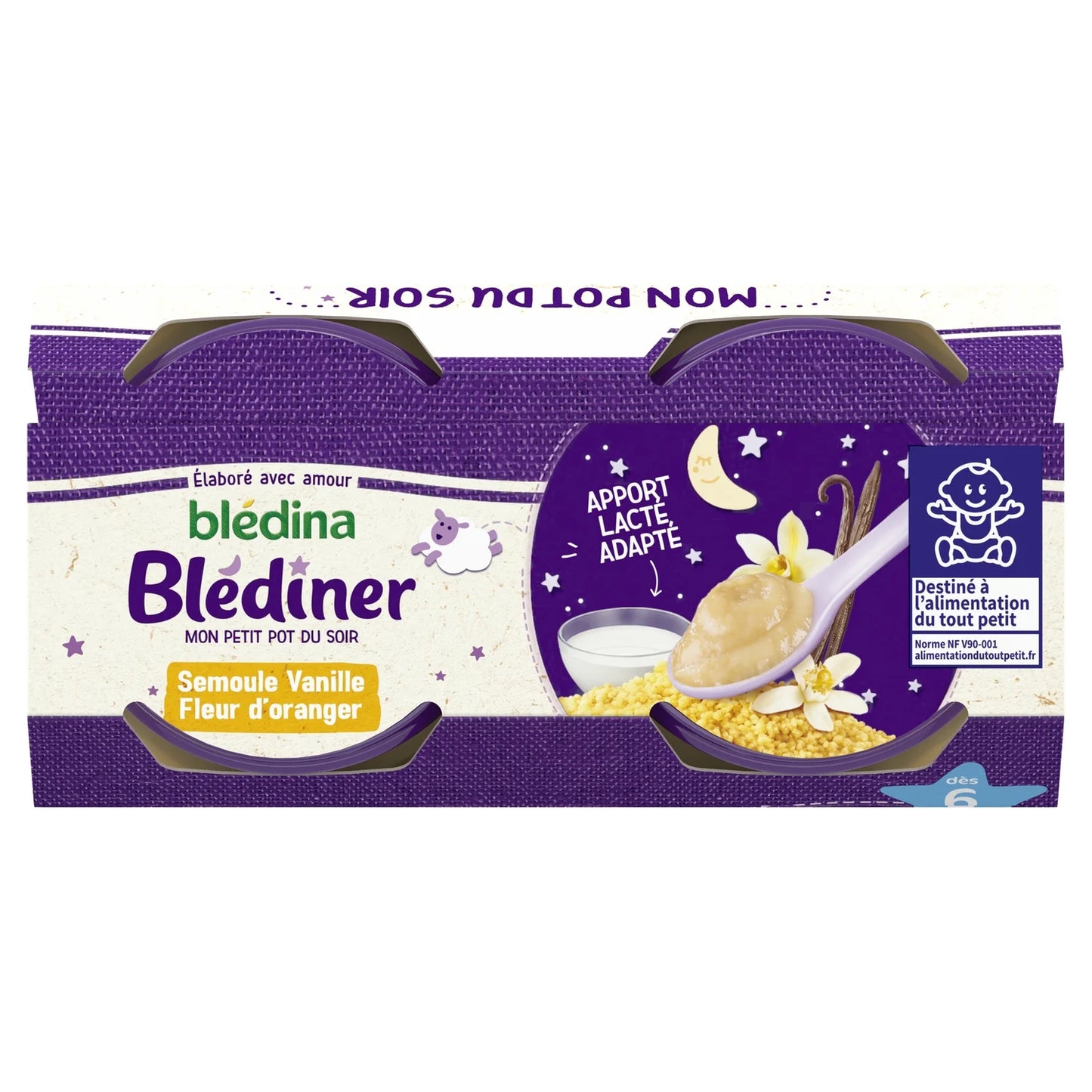 BLEDINA Blédiner Plat bébé du soir dès 6 mois Semoule Vanille Fleur d'oranger 2x200G