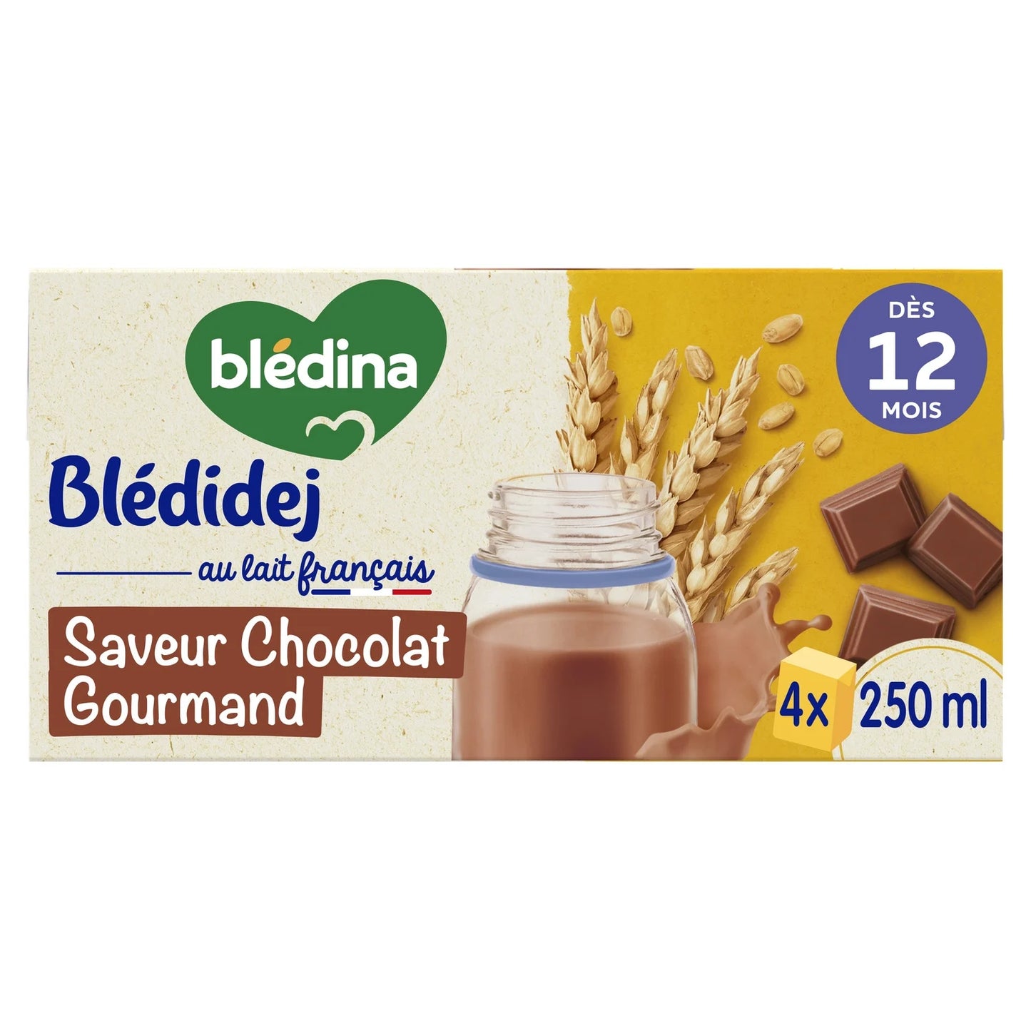 BLEDINA Blédidej Céréales bébé dès 12 mois Saveur Chocolat gourmand Croissance 4X250ML