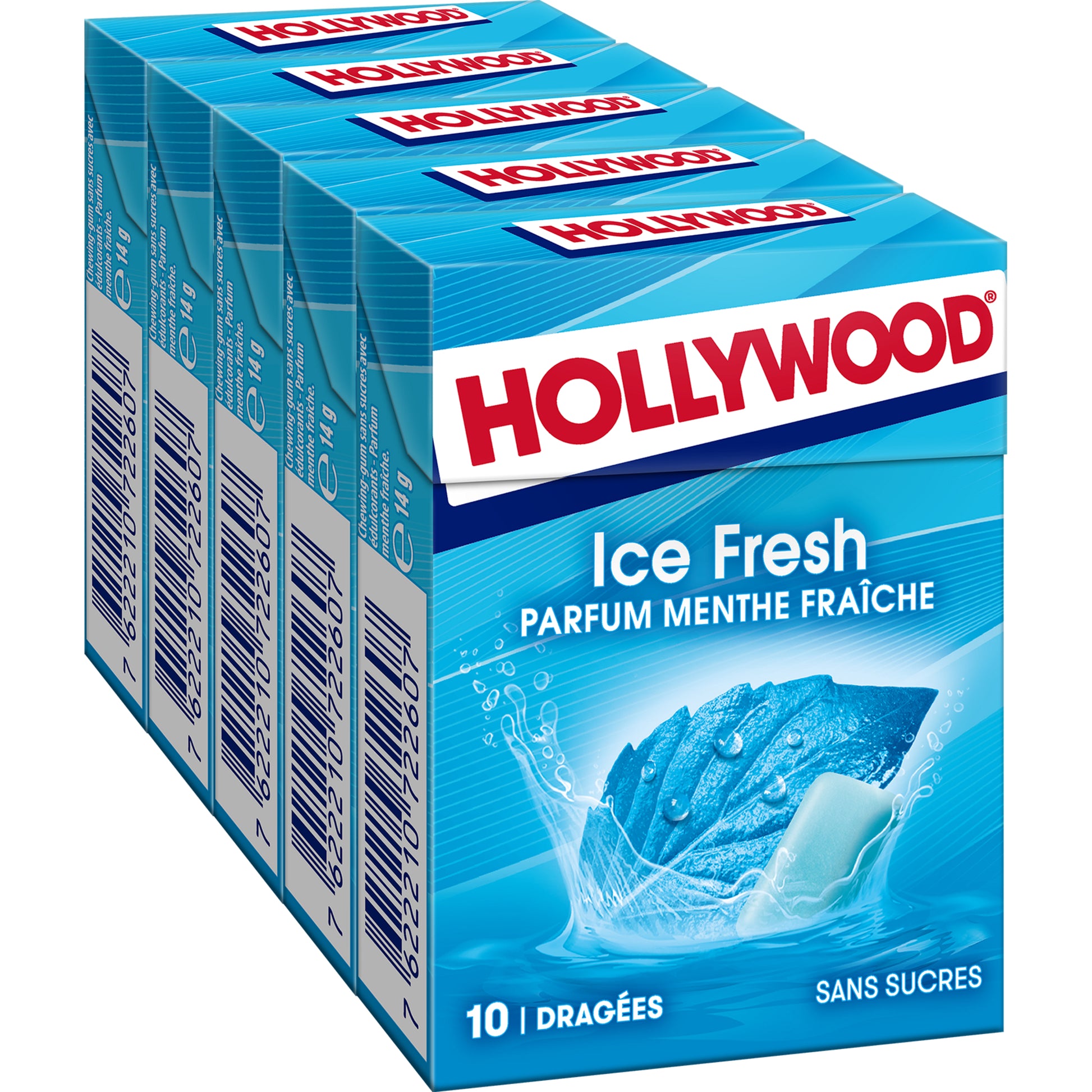 HOLLYWOOD Ice fresh chewing-gums sans sucres menthe fraîche 5x10 dragées 70g - épicerie les 3 gourmets Bonbons
