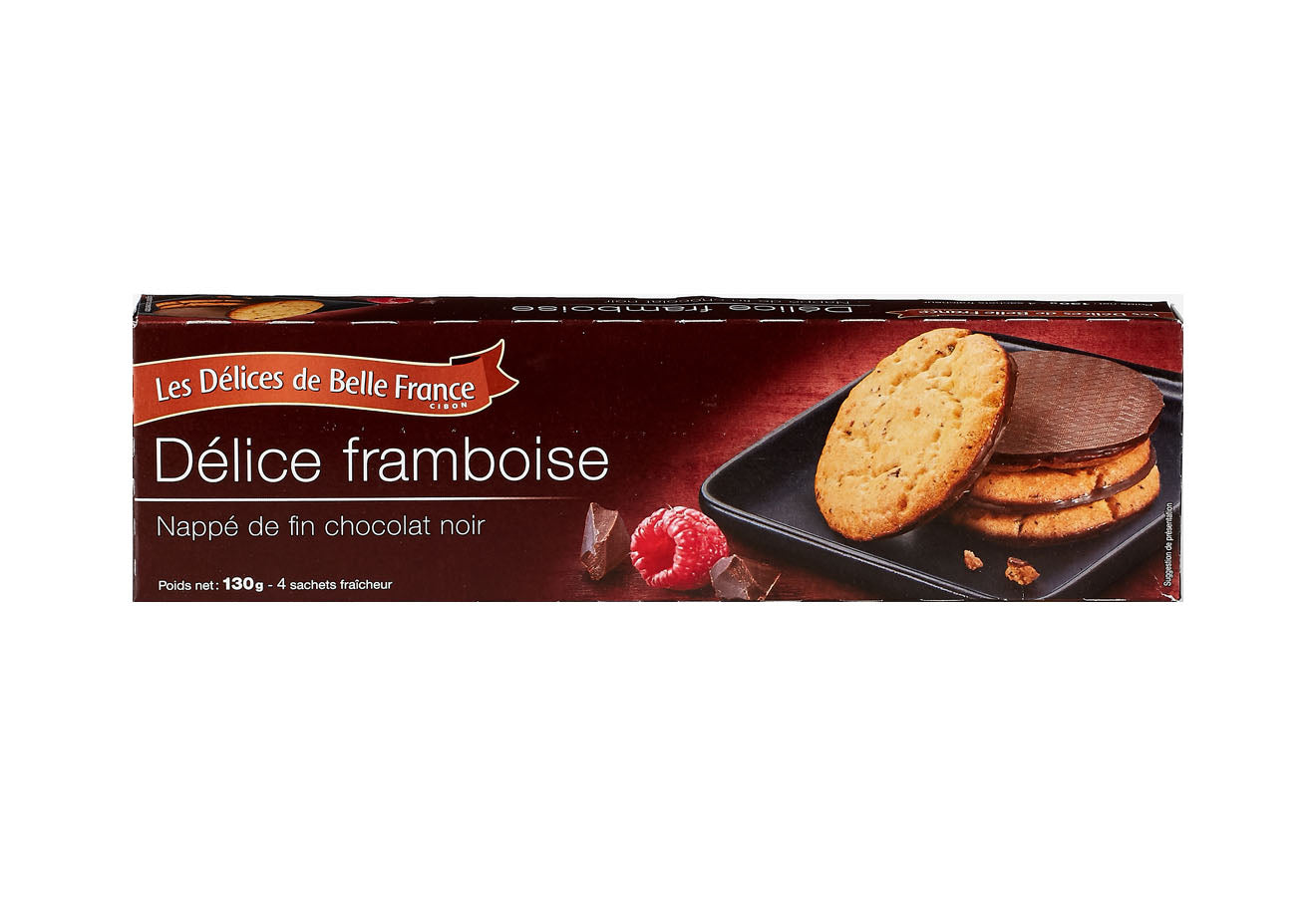 Délice DE BELLE FRANCE framboise nappé de fin chocolat noir 4 sachets fraîcheur - épicerie les 3 gourmets biscuits-et-gateaux