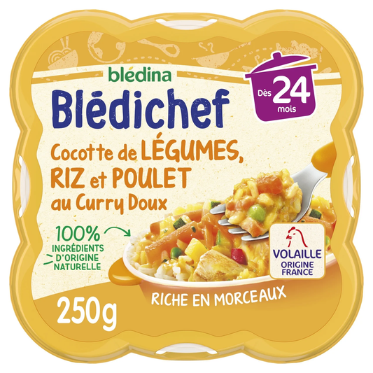BLEDINA BLEDICHEF Petit Plat Cocotte de Légumes, Riz et Poulet au Curry Doux 250g dès 24 mois