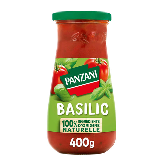 Pot de sauce tomate au basilic Panzani de 400 grammes sur fond blanc