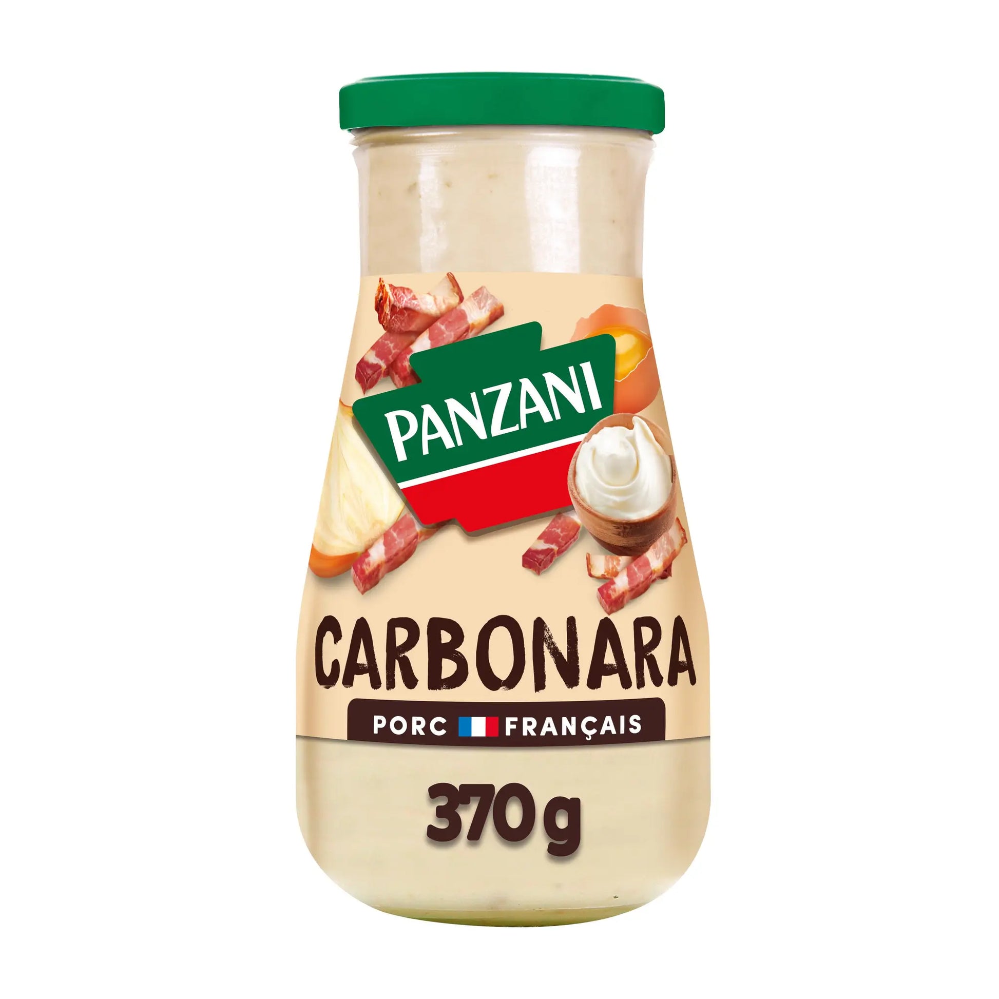 Pot de sauce Carbonara Panzani à la crème et lardons fumés, 370 grammes, sur fond blanc