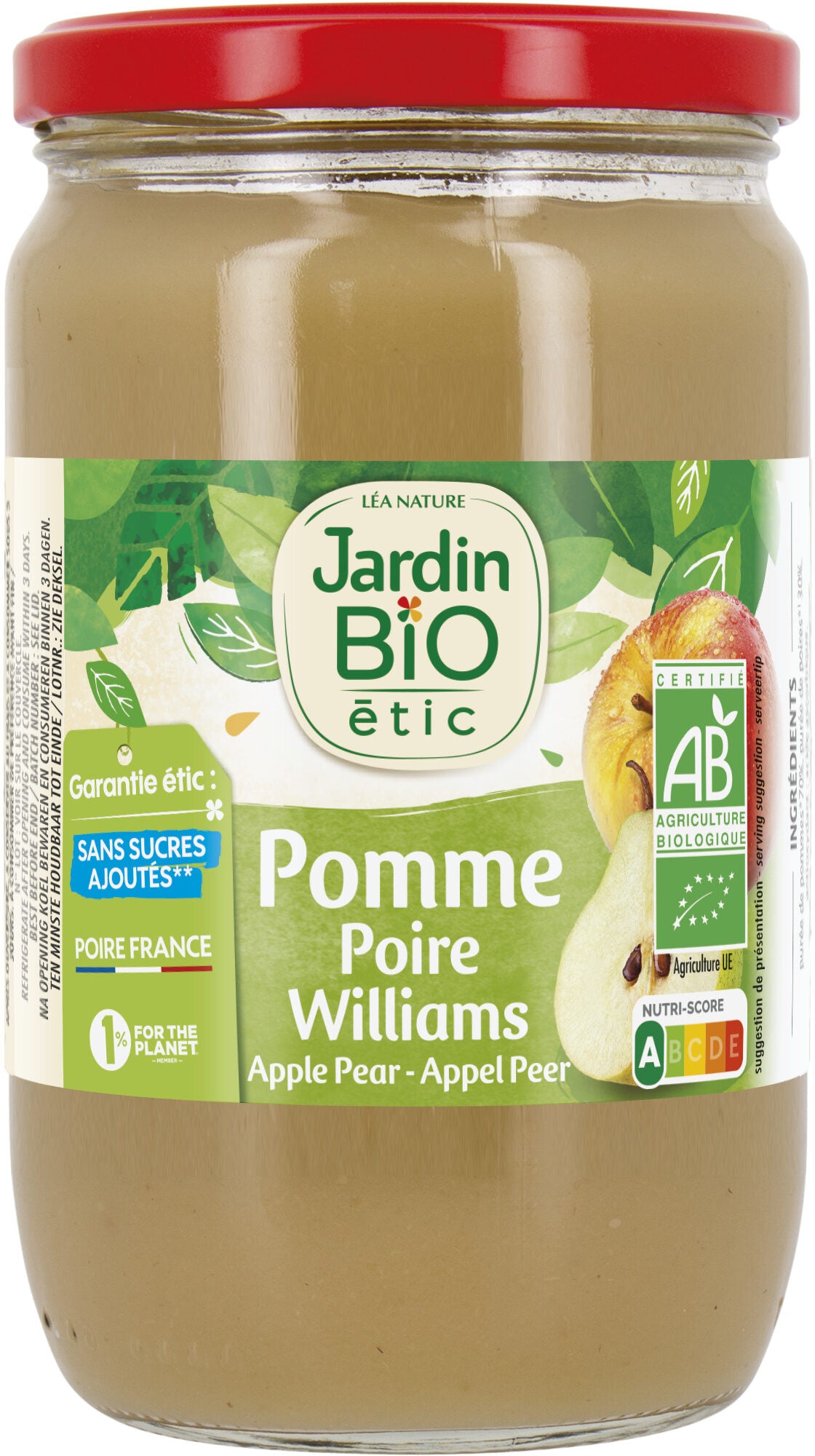 Purée Pomme Poire Williams - Jardin Bio - 680 g - épicerie les 3 gourmets confitures-compotes-et-cremes