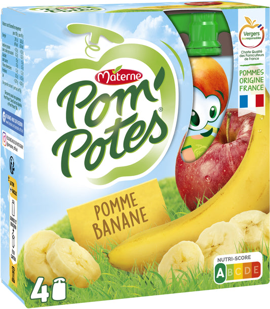 POM'POTES Compotes Gourdes Pomme Banane 4x90g MATERNE - épicerie les 3 gourmets confitures-compotes-et-cremes