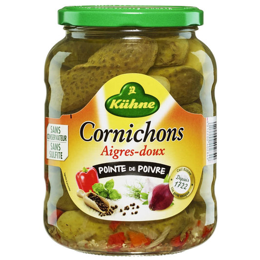 KUHNE Cornichons aigres-doux pointe de poivre en bocal 360g - épicerie les 3 gourmets CONDIMENTS & SAUCES