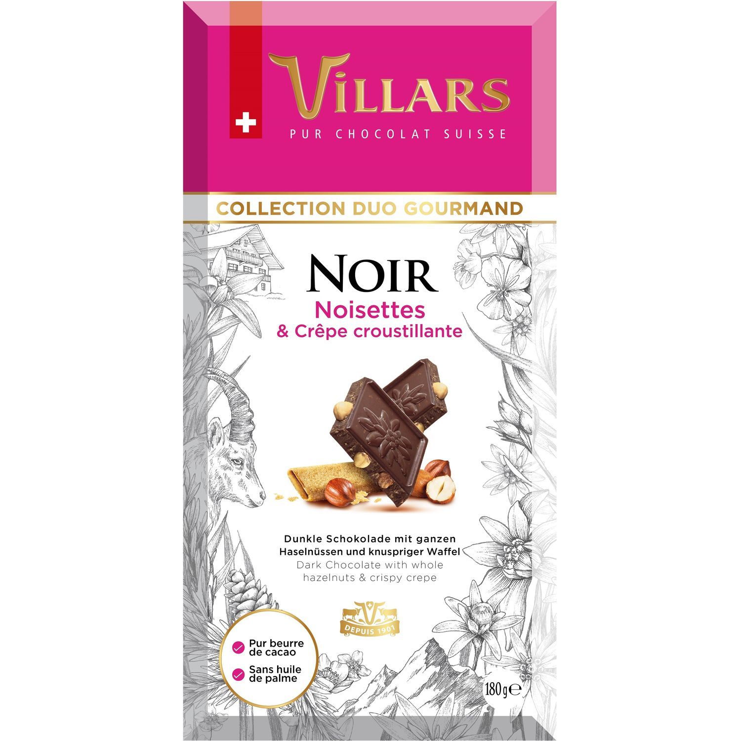 VILLARS Tablette de chocolat noir noisettes et crêpe croustillante 180g - épicerie les 3 gourmets Chocolat 